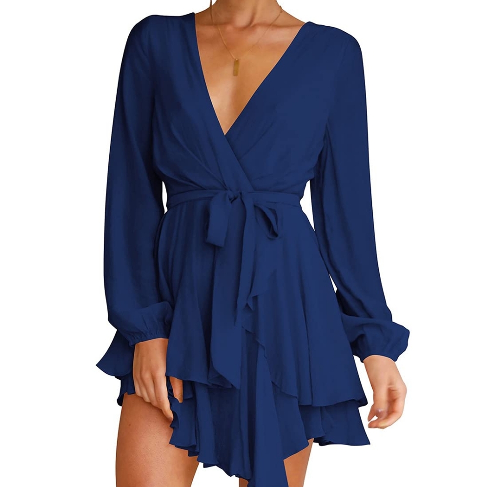 New Blue V- Neck Dress‎ Long Sleeve Party  Dress Size 2X